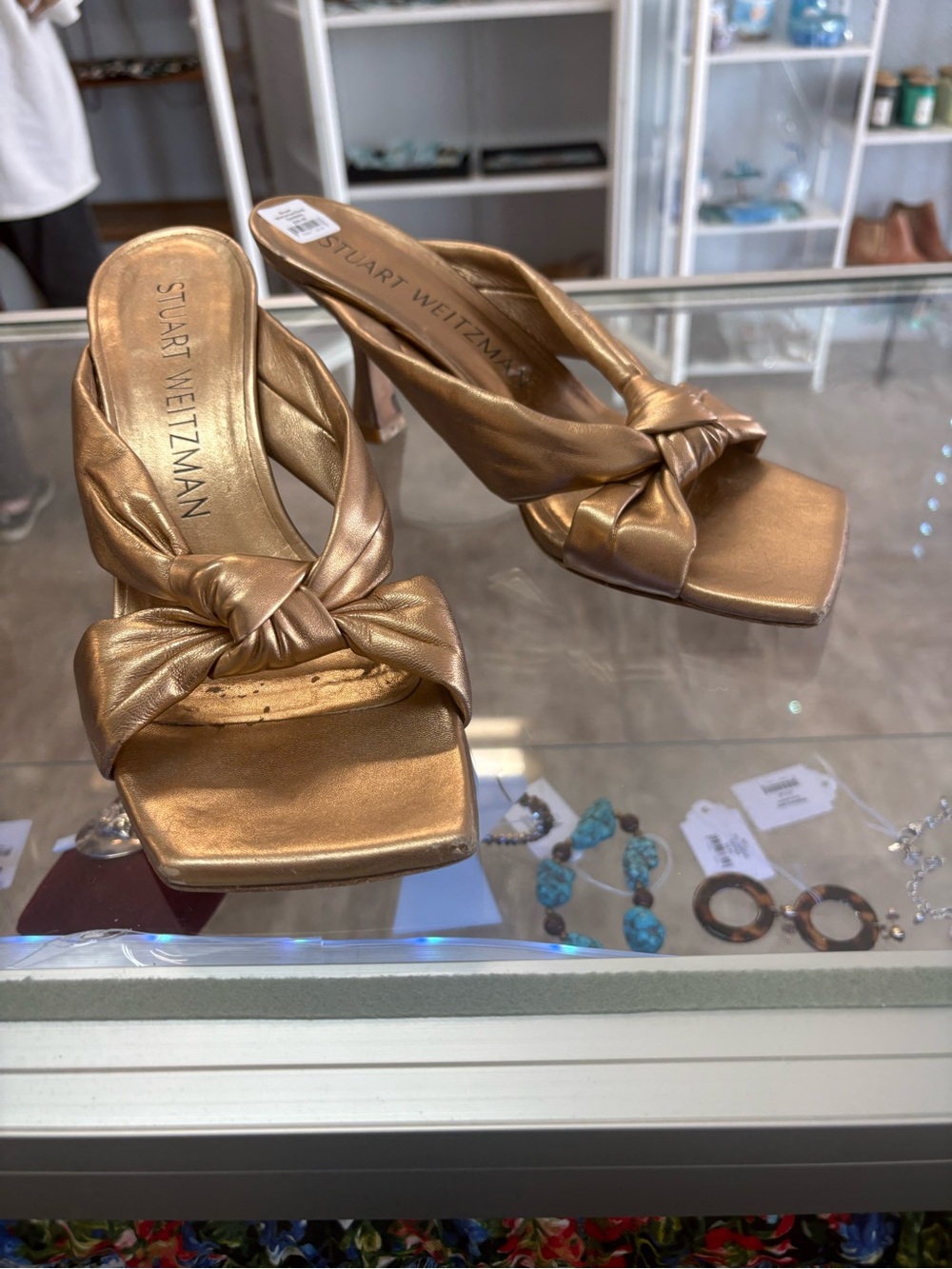 Stuart Weitzman Metallic Gold Knot Strap Heeled Sandals